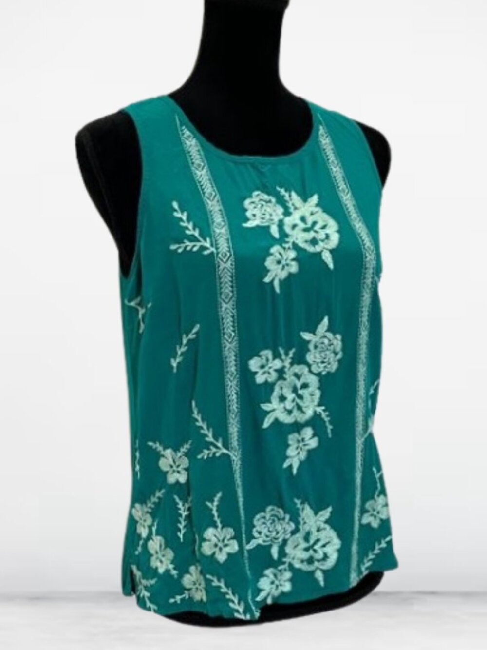 Savannah Jane Teal Floral Embroidered Tank top Rayon Relax fit SMALL